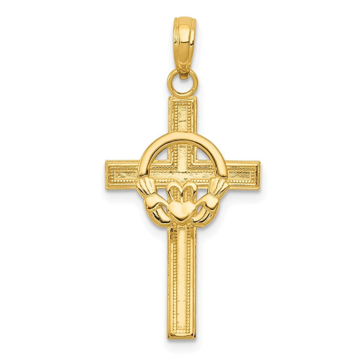 10K Yellow Gold Solid Polished Large Claddagh Cross Pendant