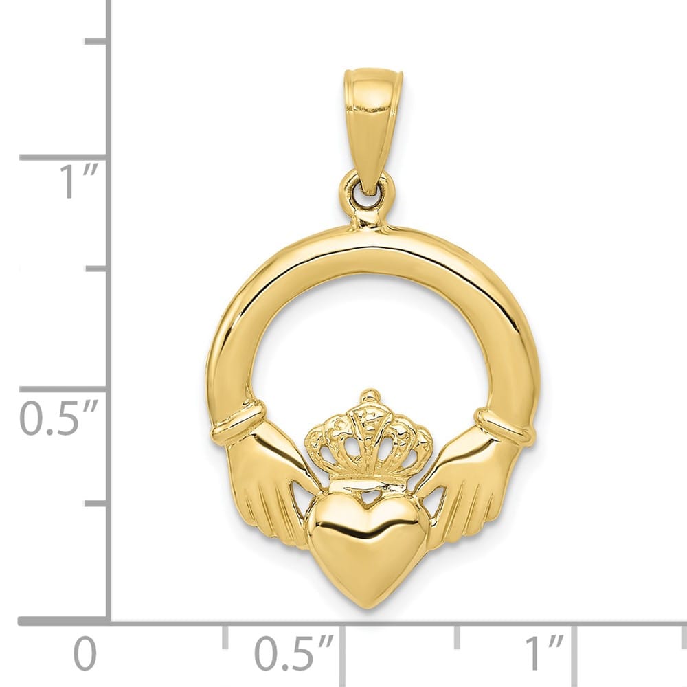 10K Yellow Gold Solid Polished Large Claddagh Pendant