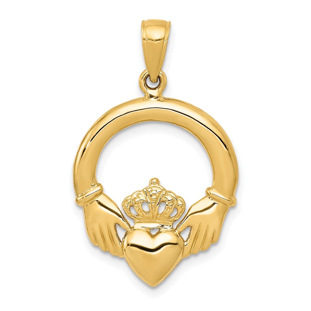 10K Yellow Gold Solid Polished Large Claddagh Pendant