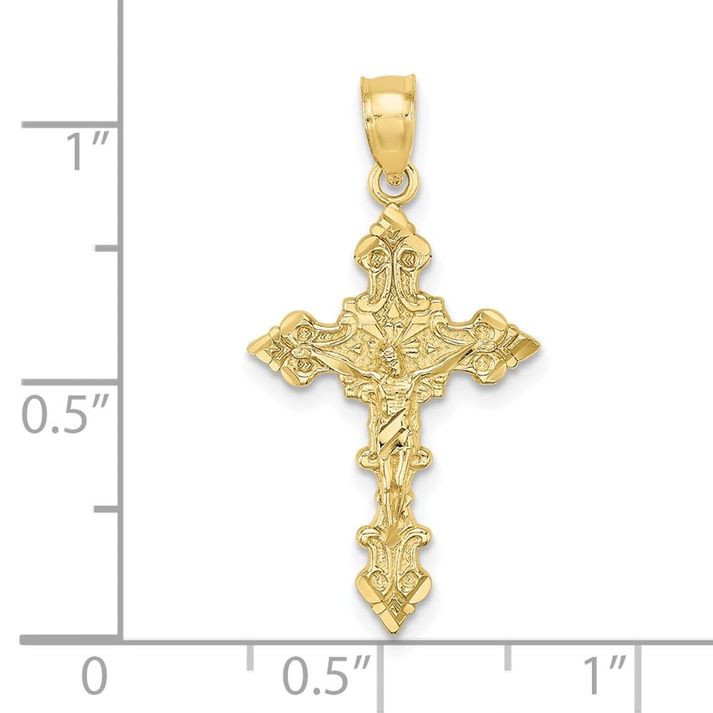 10K Yellow Gold Solid Polished Large Crucifix with Fancy Edges Charm