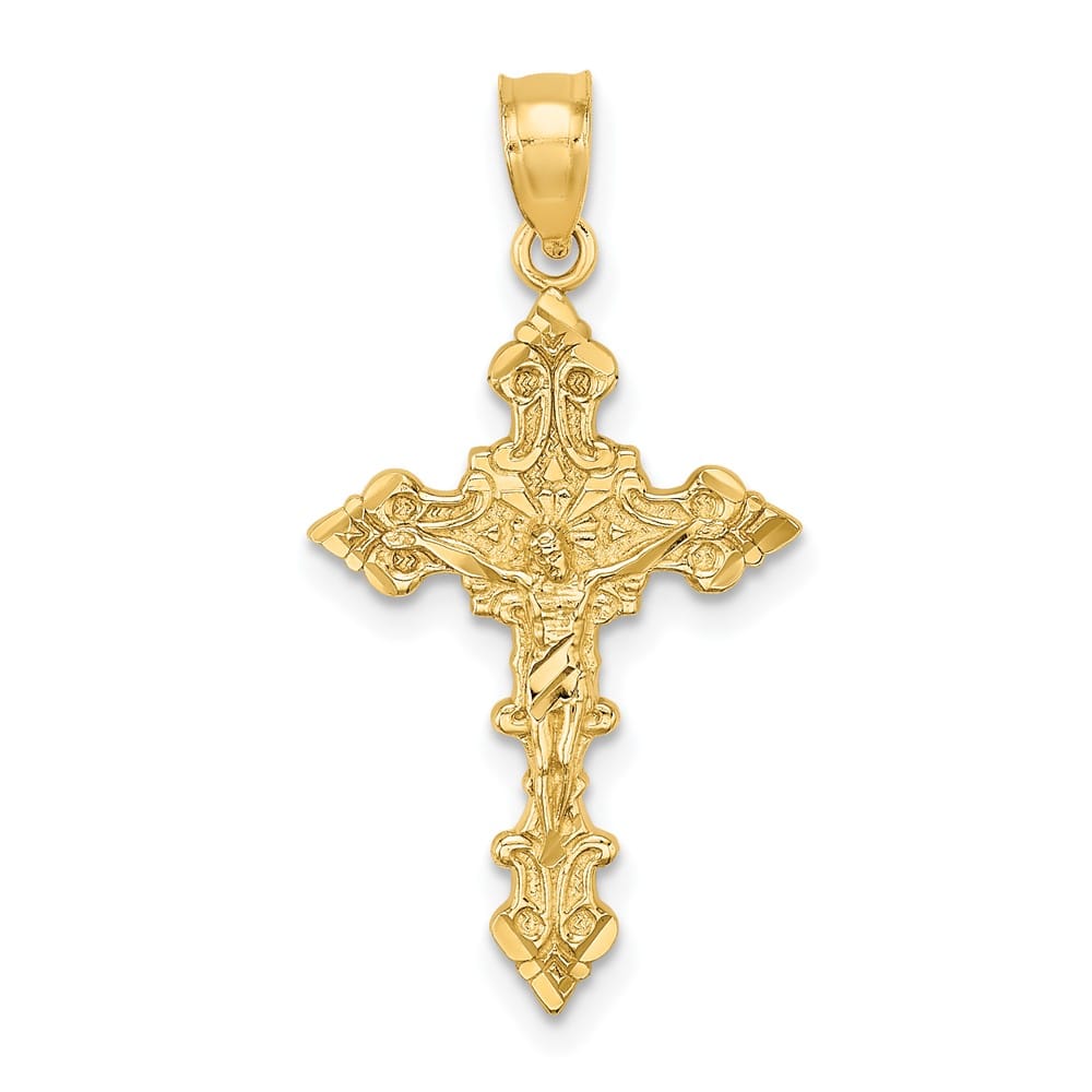 10K Yellow Gold Solid Polished Large Crucifix with Fancy Edges Charm