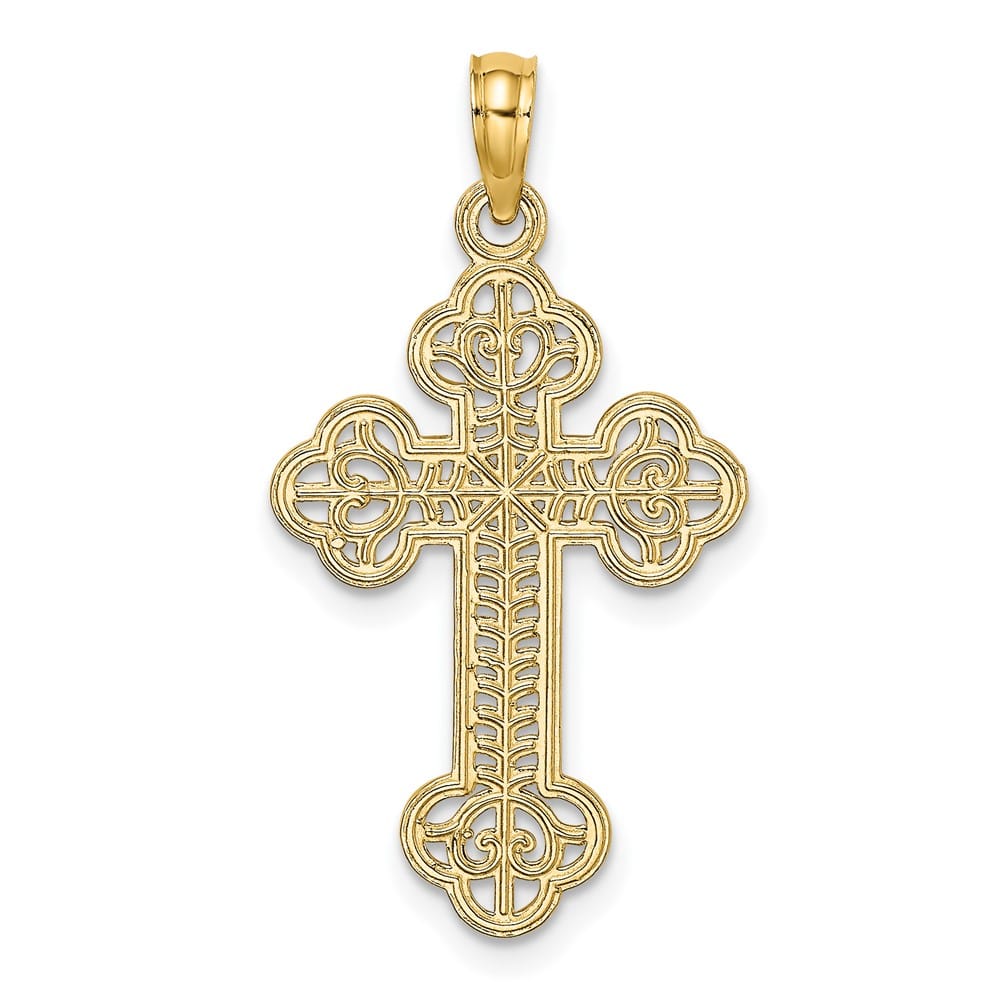 10K Yellow Gold Solid Polished Large Cut-Out Design Budded Cross Charm