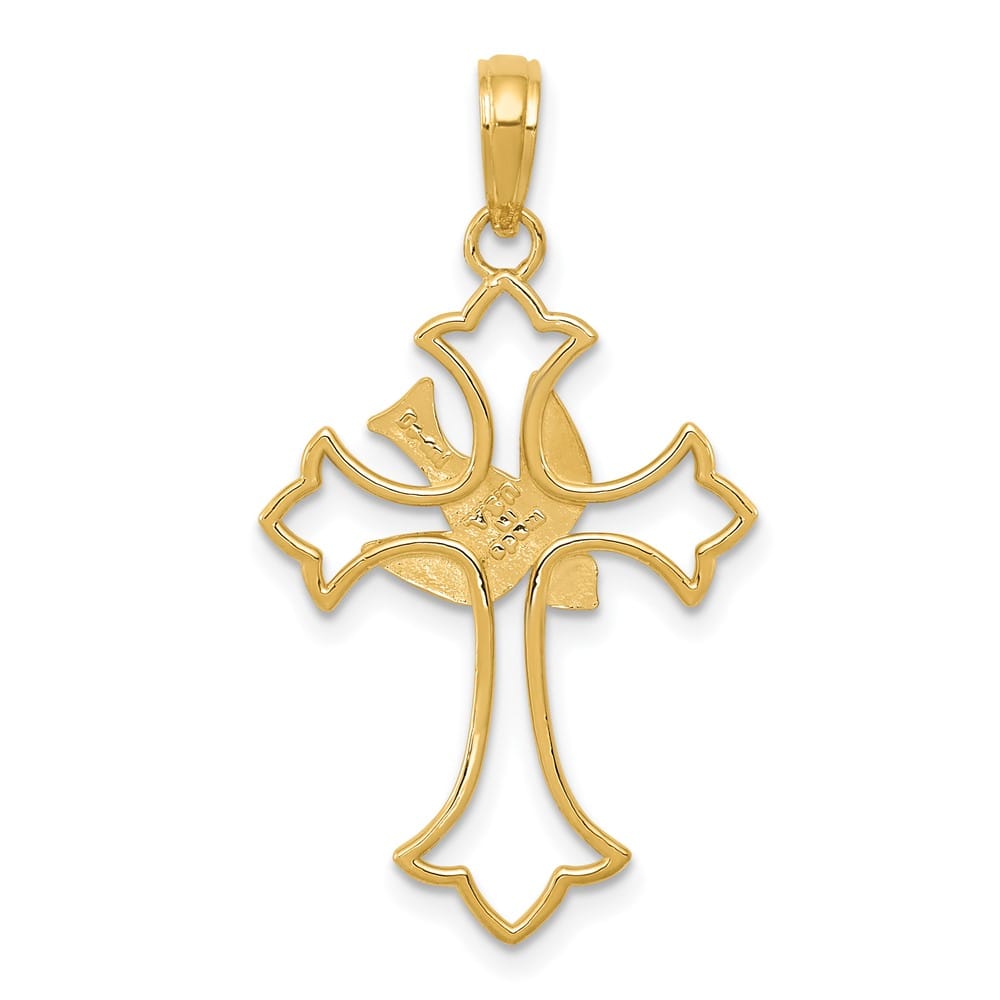 10K Yellow Gold Solid Polished Large Cut-Out Dove Center Cross Charm
