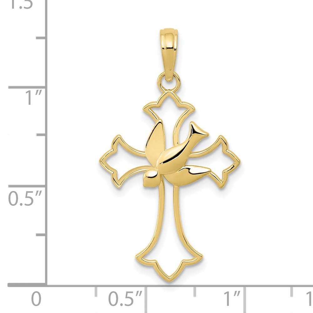 10K Yellow Gold Solid Polished Large Cut-Out Dove Center Cross Charm