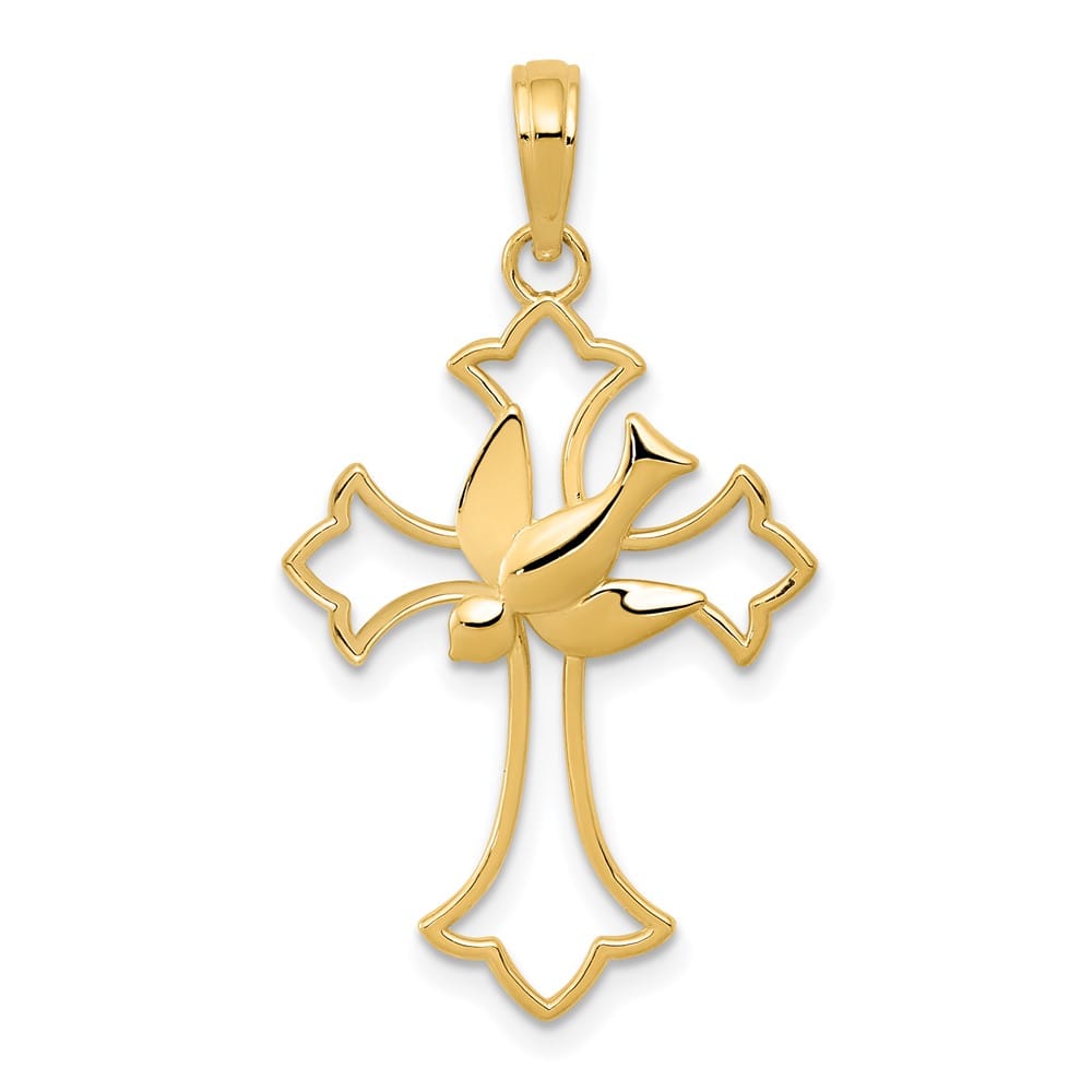 10K Yellow Gold Solid Polished Large Cut-Out Dove Center Cross Charm