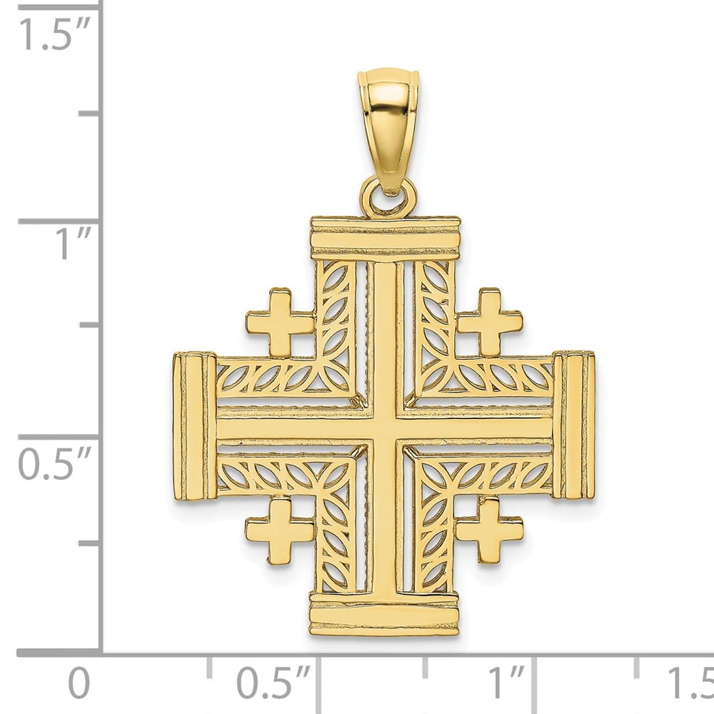 10K Yellow Gold Solid Polished Large Cut-Out Jerusalem Cross Pendant