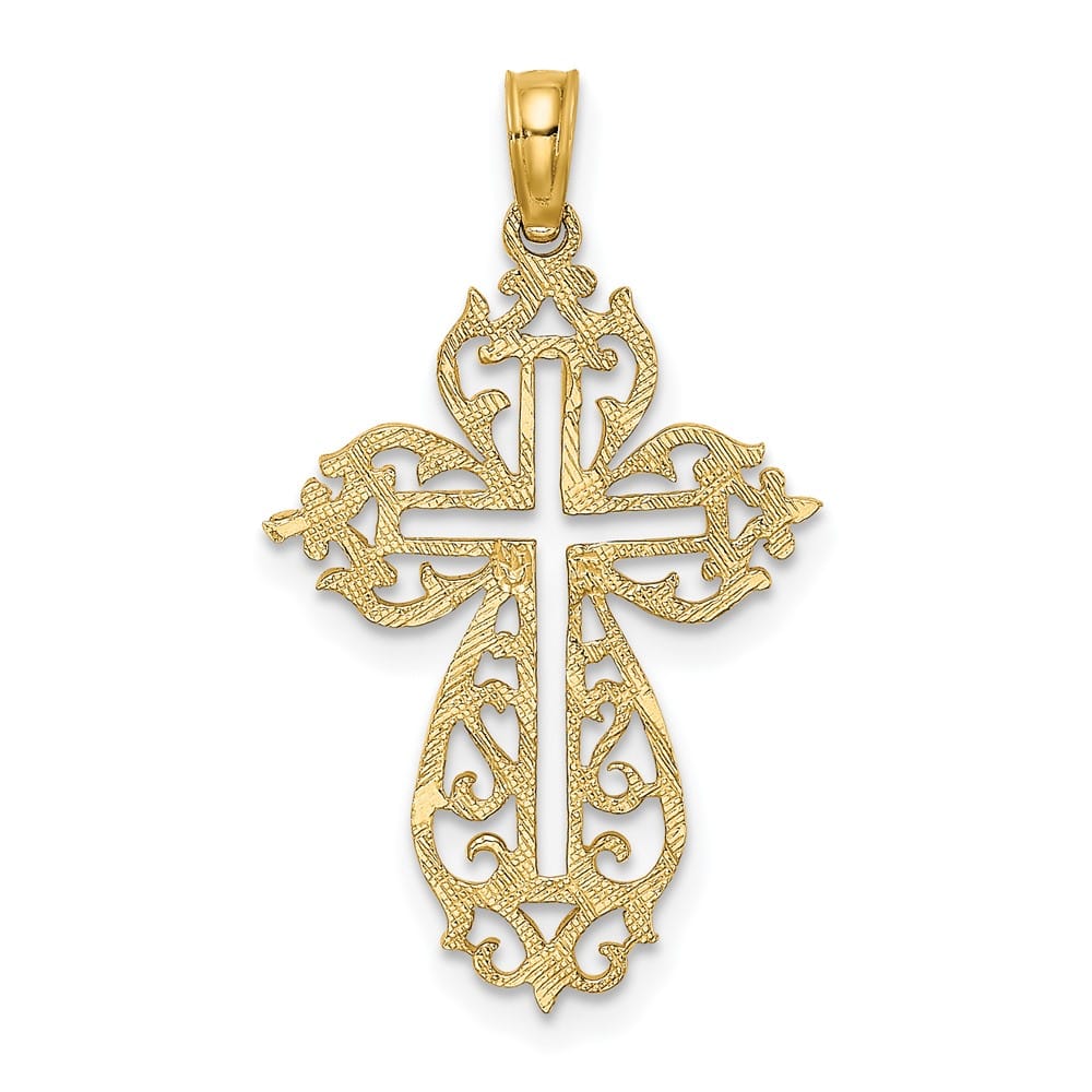 10K Yellow Gold Solid Polished Large Cut-Out Scroll Framed Cross Charm