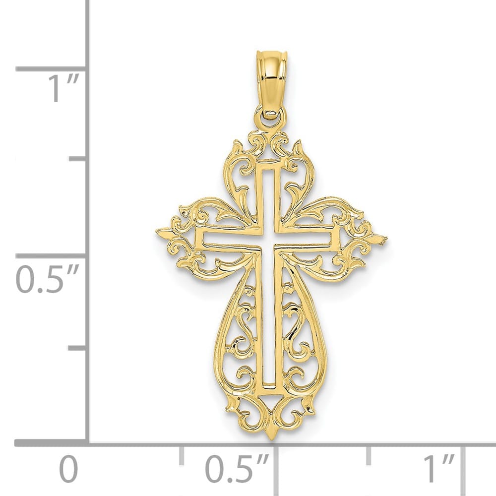 10K Yellow Gold Solid Polished Large Cut-Out Scroll Framed Cross Charm
