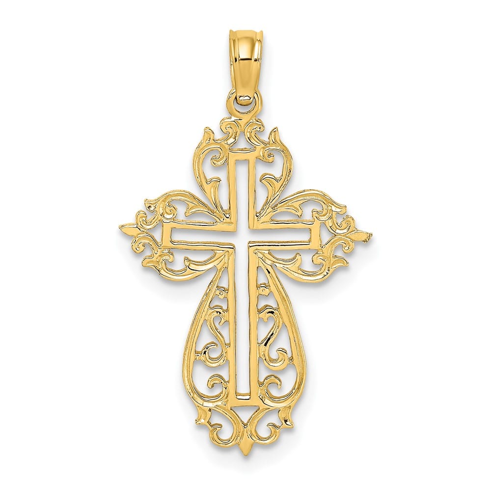 10K Yellow Gold Solid Polished Large Cut-Out Scroll Framed Cross Charm