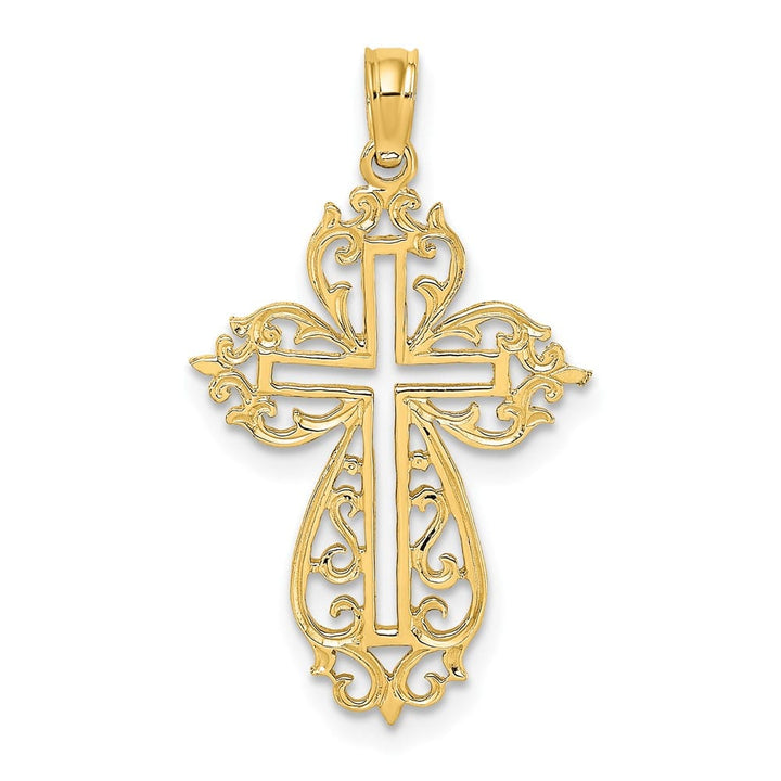10K Yellow Gold Solid Polished Large Cut-Out Scroll Framed Cross Charm