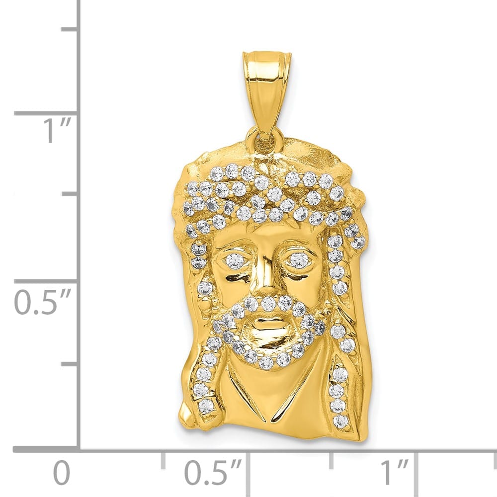 10K Yellow Gold Solid Polished Large CZ Micropave Jesus Face Pendant