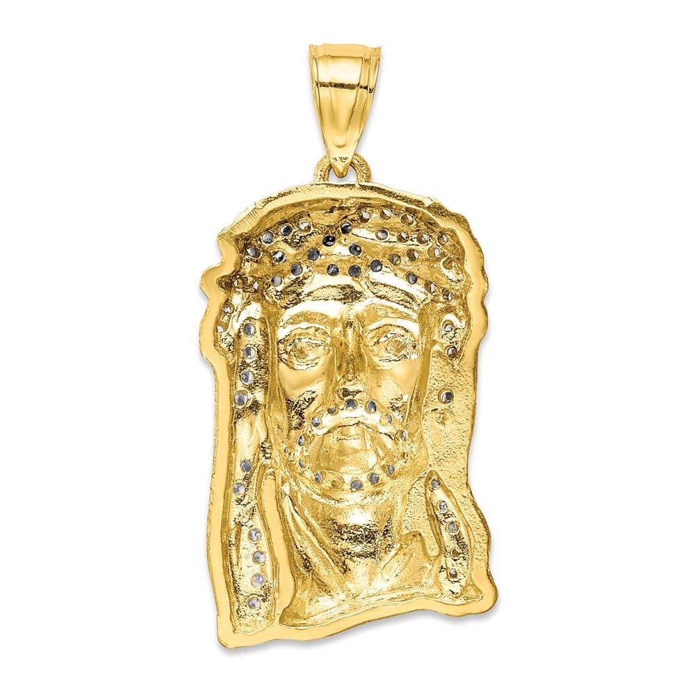 10K Yellow Gold Solid Polished Large CZ Micropave Jesus Face Pendant