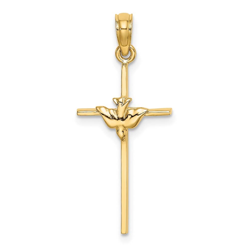 10K Yellow Gold Solid Polished Large Dove on Stick Cross Charm
