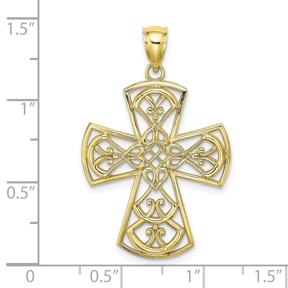 10K Yellow Gold Solid Polished Large Filigree Cross Charm