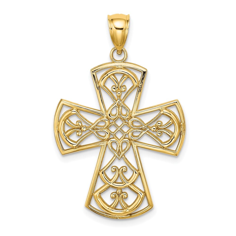 10K Yellow Gold Solid Polished Large Filigree Cross Charm