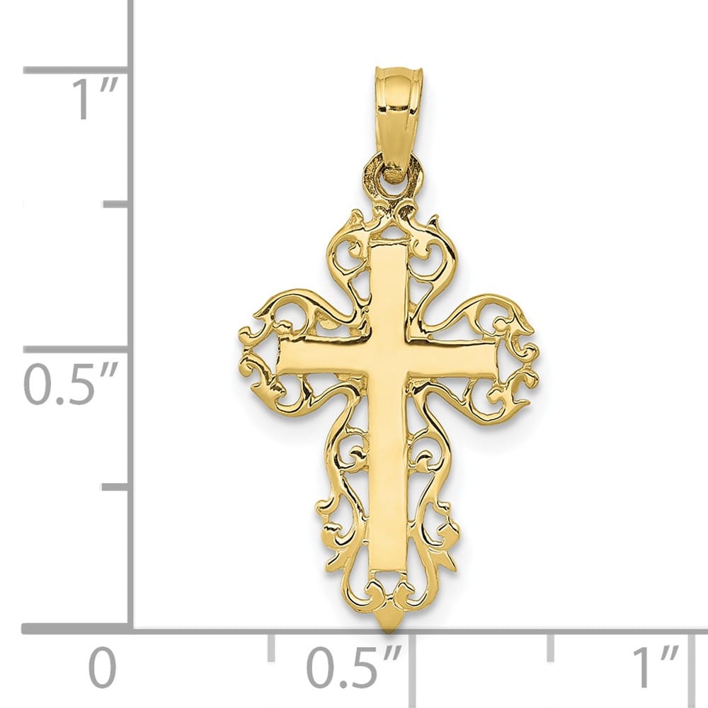 10K Yellow Gold Solid Polished Large Filigree Edge Fancy Cross Pendant