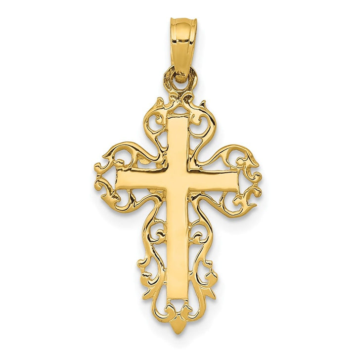 10K Yellow Gold Solid Polished Large Filigree Edge Fancy Cross Pendant