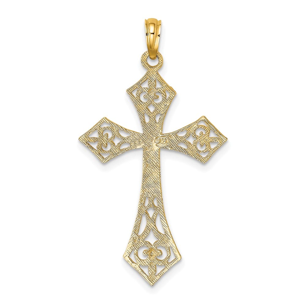 10K Yellow Gold Solid Polished Large Filigree Fleur de Lis Cross Charm