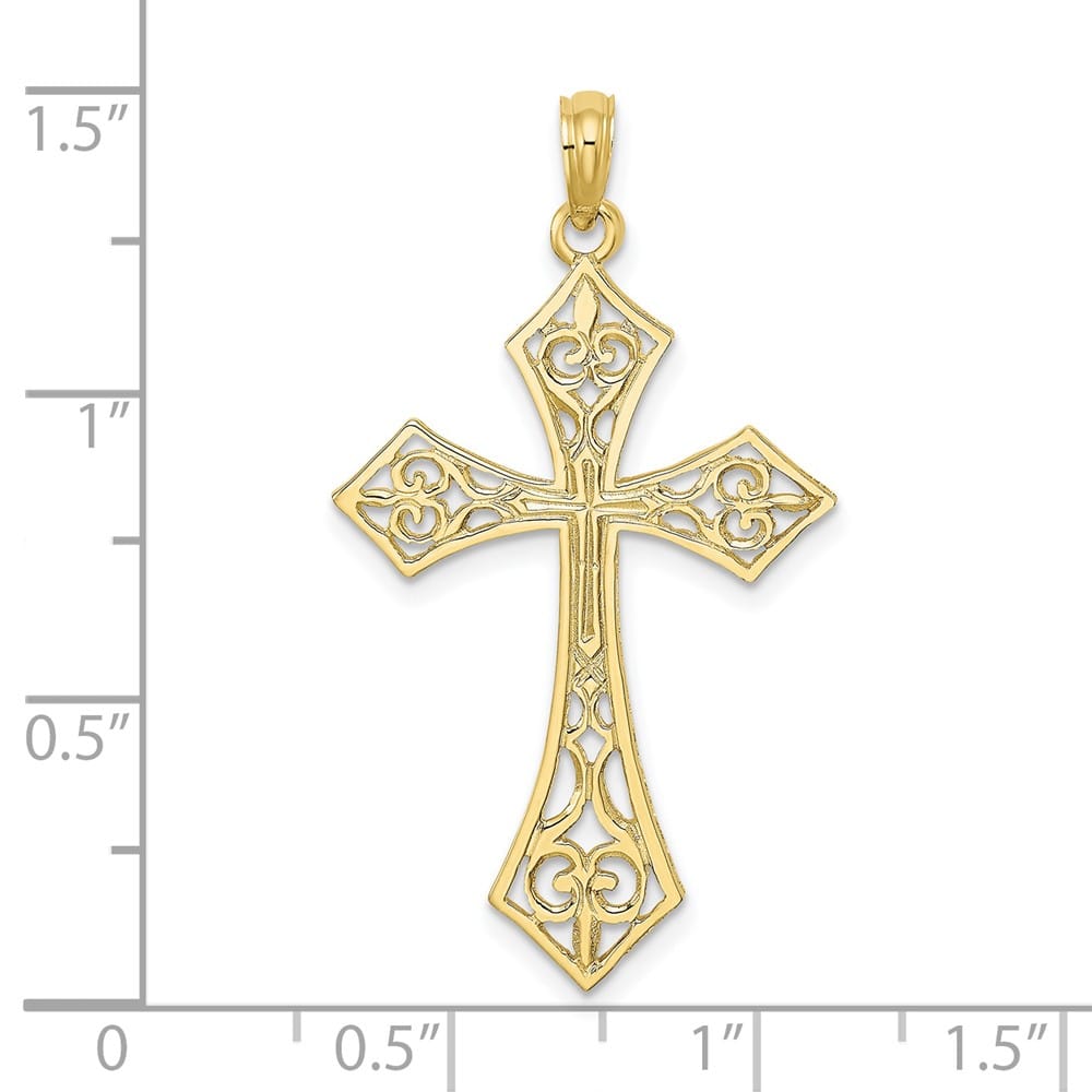 10K Yellow Gold Solid Polished Large Filigree Fleur de Lis Cross Charm