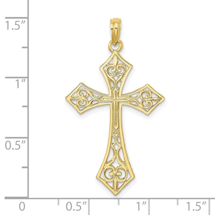 10K Yellow Gold Solid Polished Large Filigree Fleur de Lis Cross Charm
