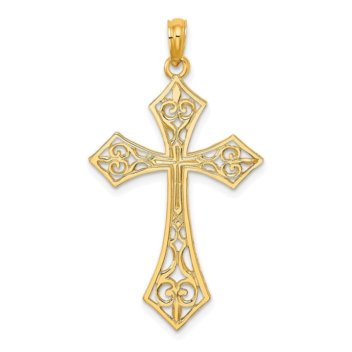 10K Yellow Gold Solid Polished Large Filigree Fleur de Lis Cross Charm