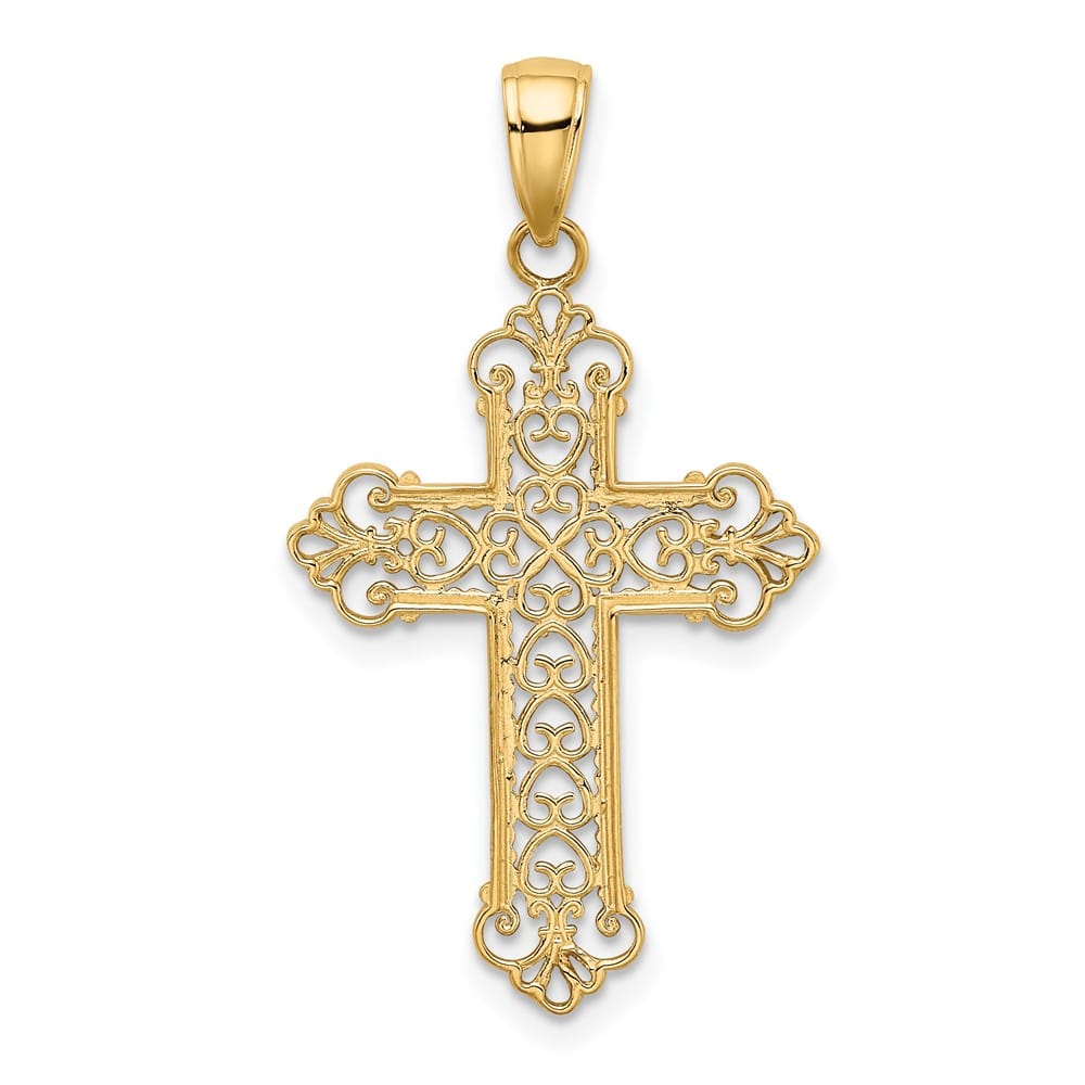 10K Yellow Gold Solid Polished Large Filigree Fleur de Lis Cross Charm