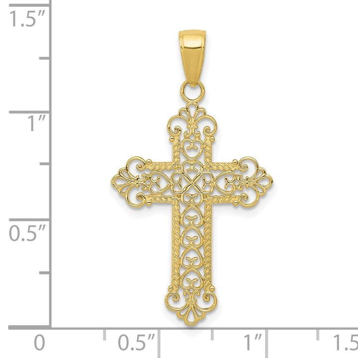 10K Yellow Gold Solid Polished Large Filigree Fleur de Lis Cross Charm