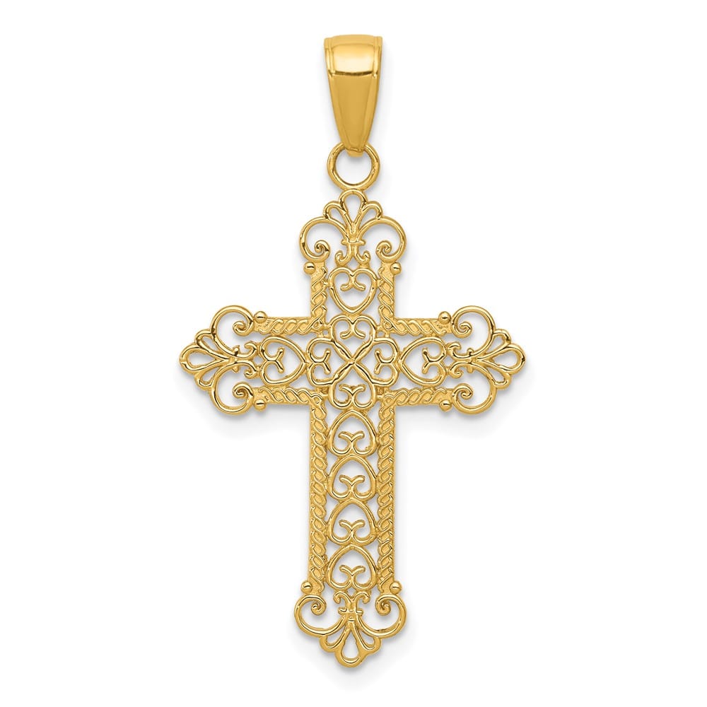 10K Yellow Gold Solid Polished Large Filigree Fleur de Lis Cross Charm