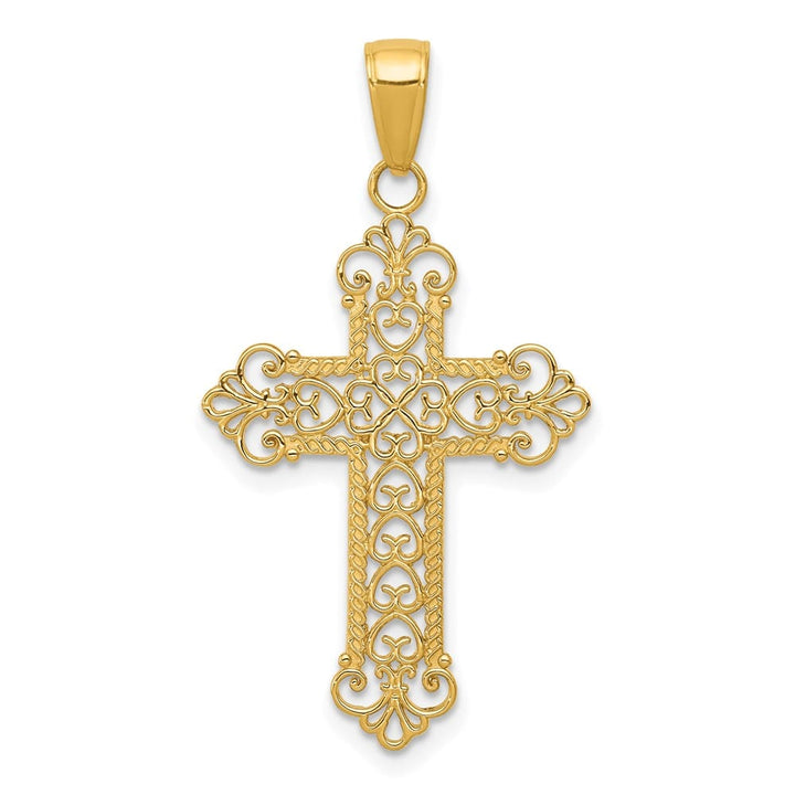 10K Yellow Gold Solid Polished Large Filigree Fleur de Lis Cross Charm