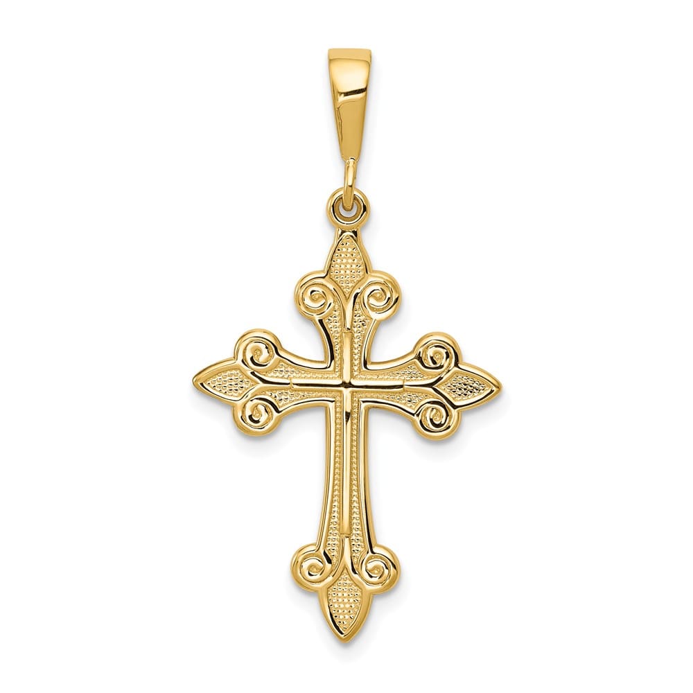 10K Yellow Gold Solid Polished Large Fleur de Lis Cross Pendant