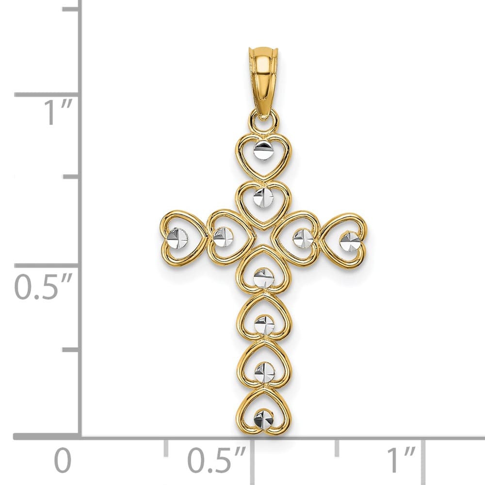 10K Yellow Gold Solid Polished Large Hearts Cross Pendant