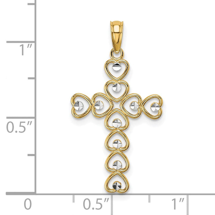 10K Yellow Gold Solid Polished Large Hearts Cross Pendant