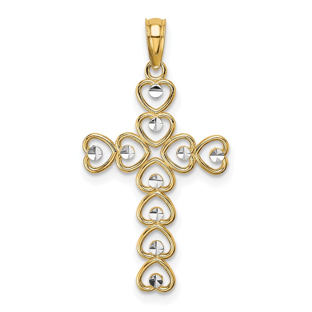 10K Yellow Gold Solid Polished Large Hearts Cross Pendant