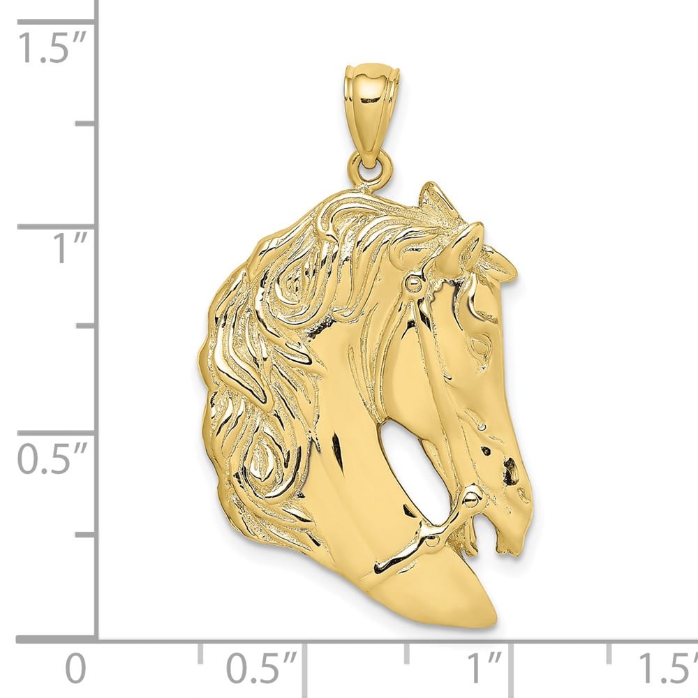 10K Yellow Gold Solid Polished Large Horse Head with Long Mane Charm