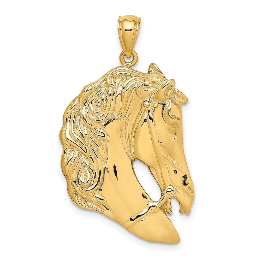 10K Yellow Gold Solid Polished Large Horse Head with Long Mane Charm