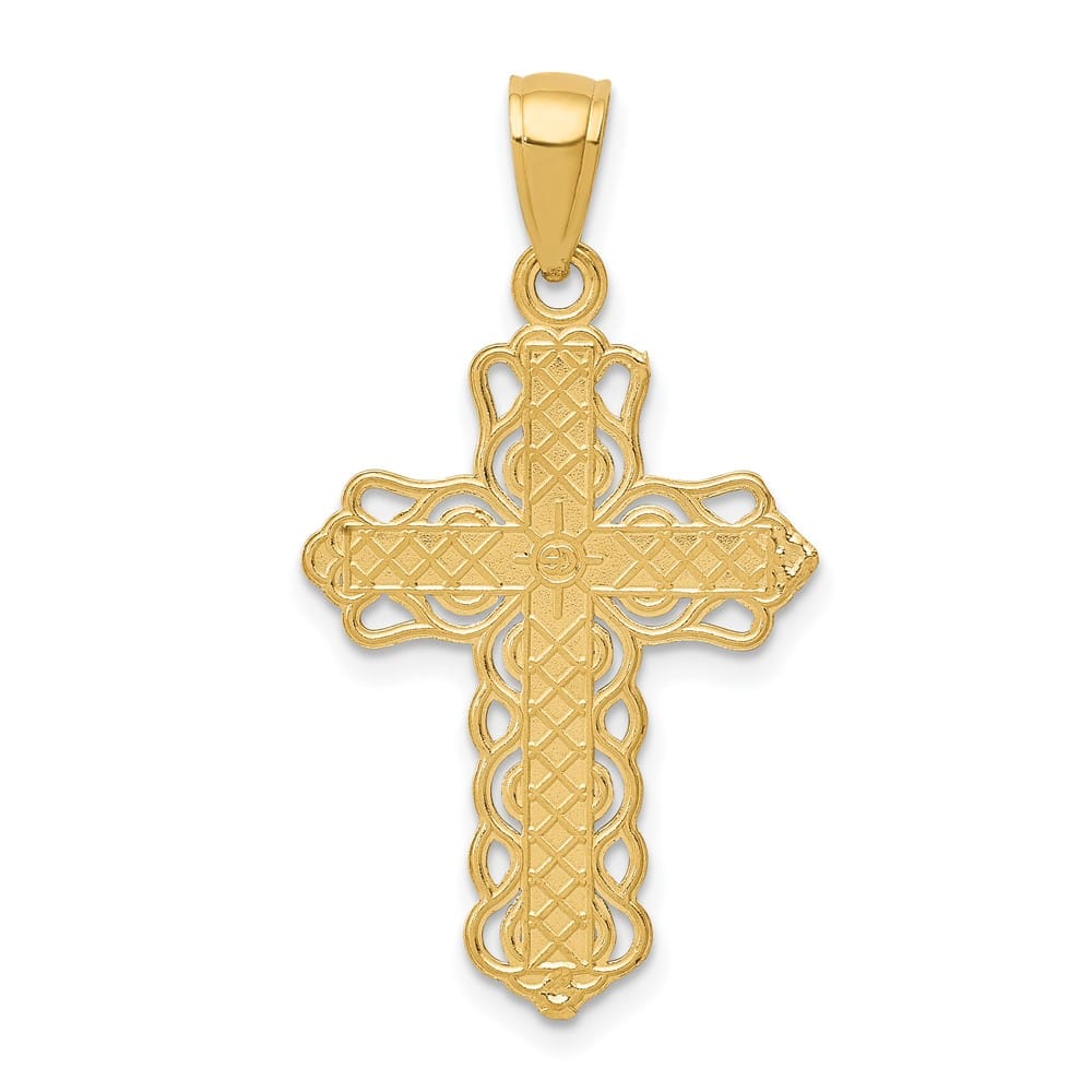 10K Yellow Gold Solid Polished Large Lace Trim Cross Pendant