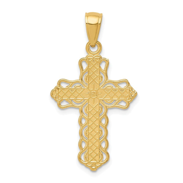 10K Yellow Gold Solid Polished Large Lace Trim Cross Pendant