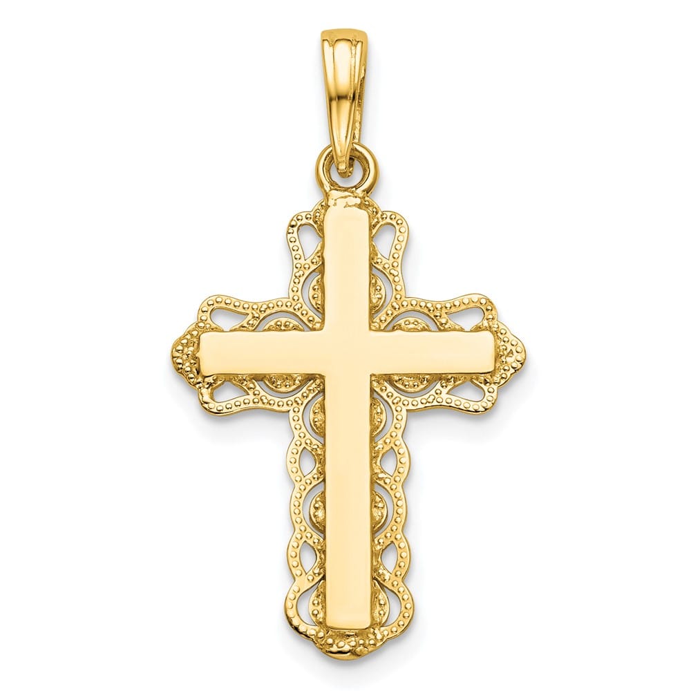 10K Yellow Gold Solid Polished Large Lace Trim Cross Pendant