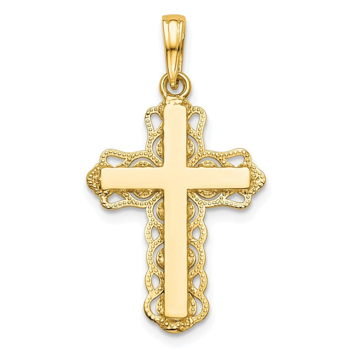 10K Yellow Gold Solid Polished Large Lace Trim Cross Pendant
