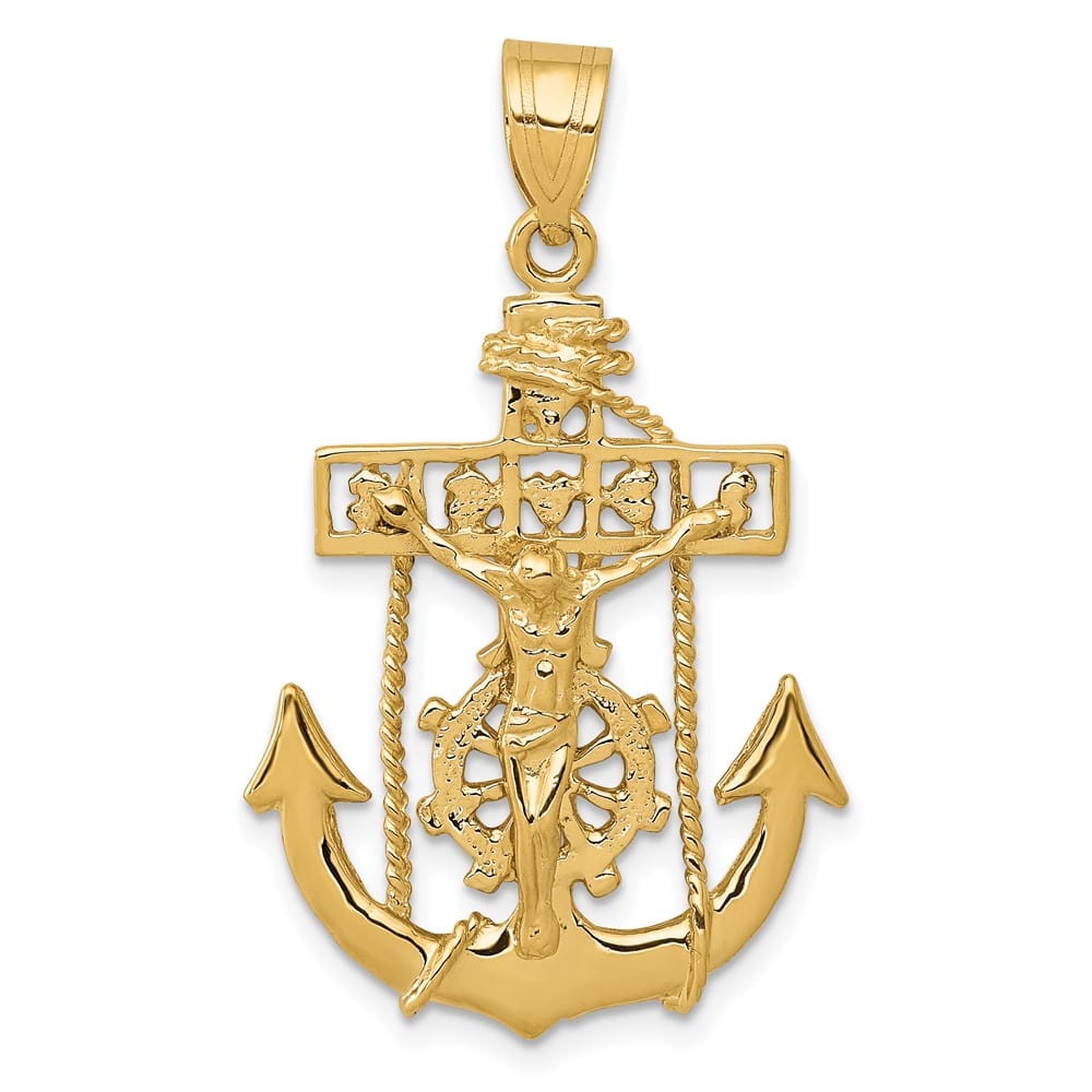 10K Yellow Gold Solid Polished Large Mariner's Crucifix Pendant
