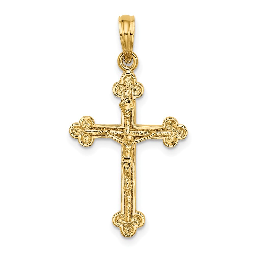 10K Yellow Gold Solid Polished Large Narrow Budded Crucifix Charm