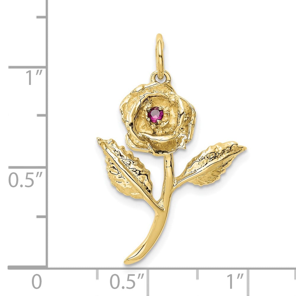 10K Yellow Gold Solid Polished Large Red CZ Rose Charm