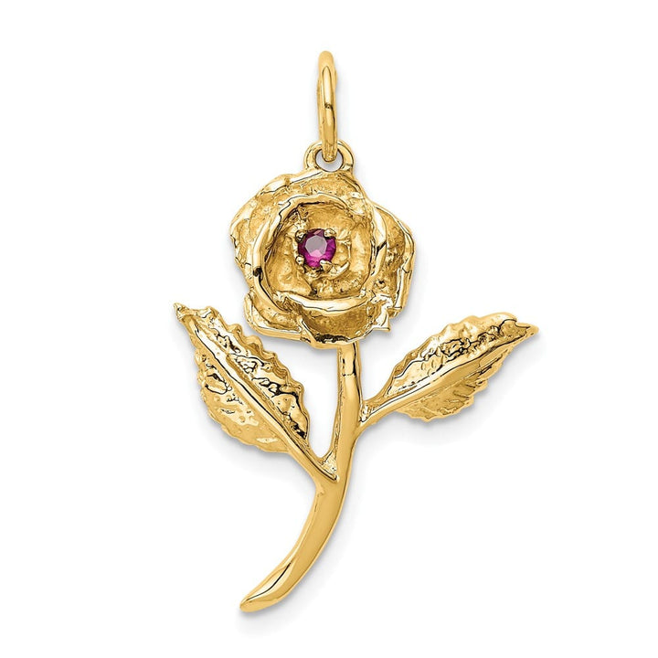 10K Yellow Gold Solid Polished Large Red CZ Rose Charm