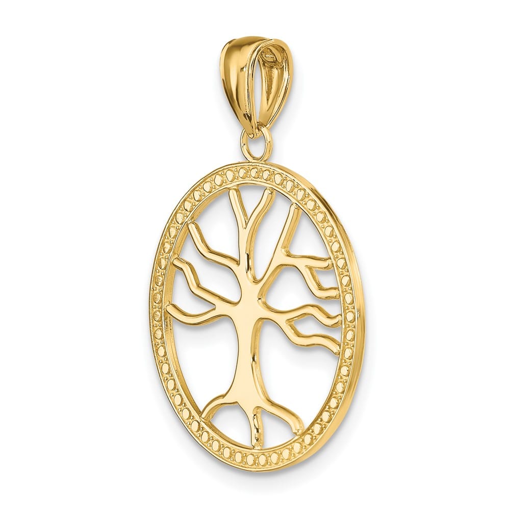 10K Yellow Gold Solid Polished Large Tree of Life in Round Frame Charm