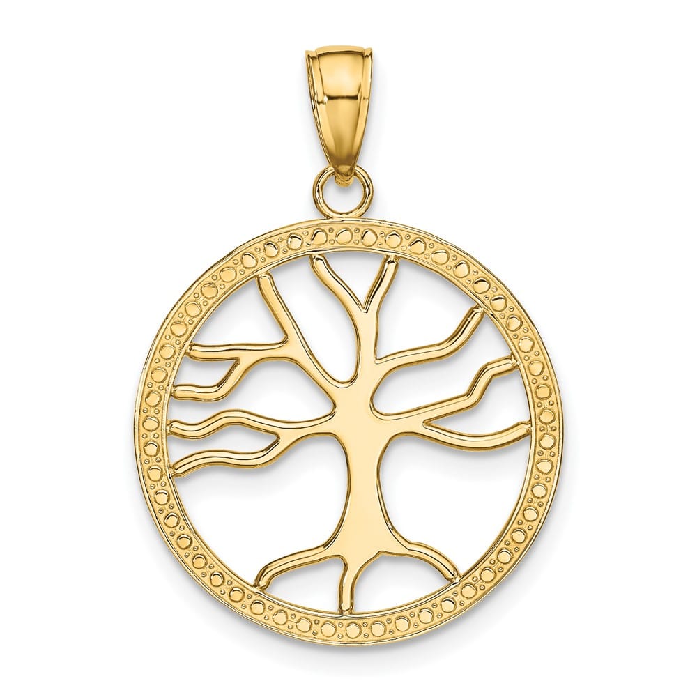 10K Yellow Gold Solid Polished Large Tree of Life in Round Frame Charm