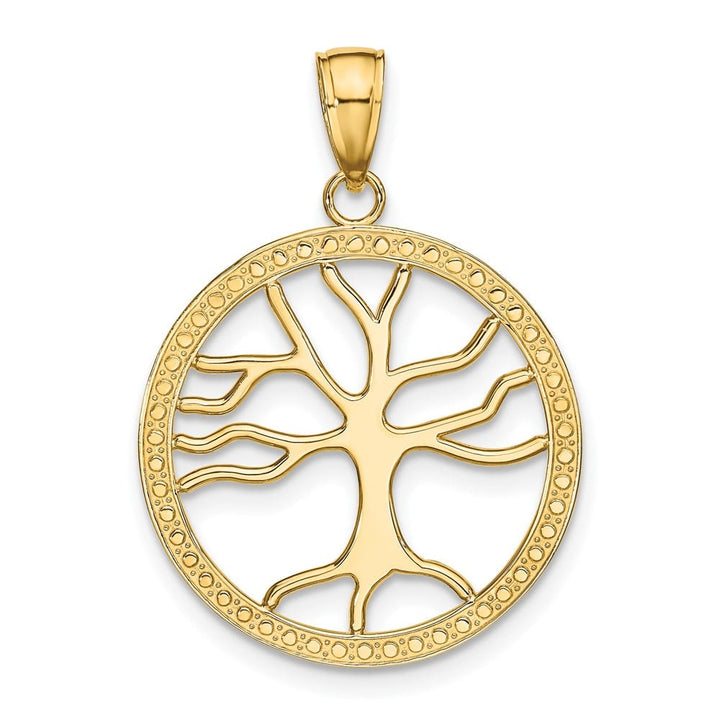10K Yellow Gold Solid Polished Large Tree of Life in Round Frame Charm