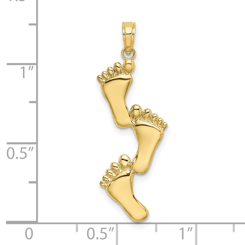 10K Yellow Gold Solid Polished Large Triple Vertical Feet Charm