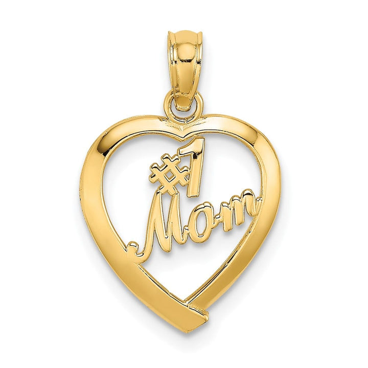 10K Yellow Gold Solid Polished Medium #1 MOM in Heart Pendant