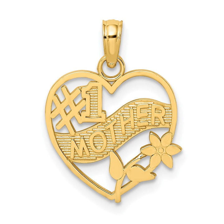 10K Yellow Gold Solid Polished Medium #1 Mother in Heart Frame Pendant