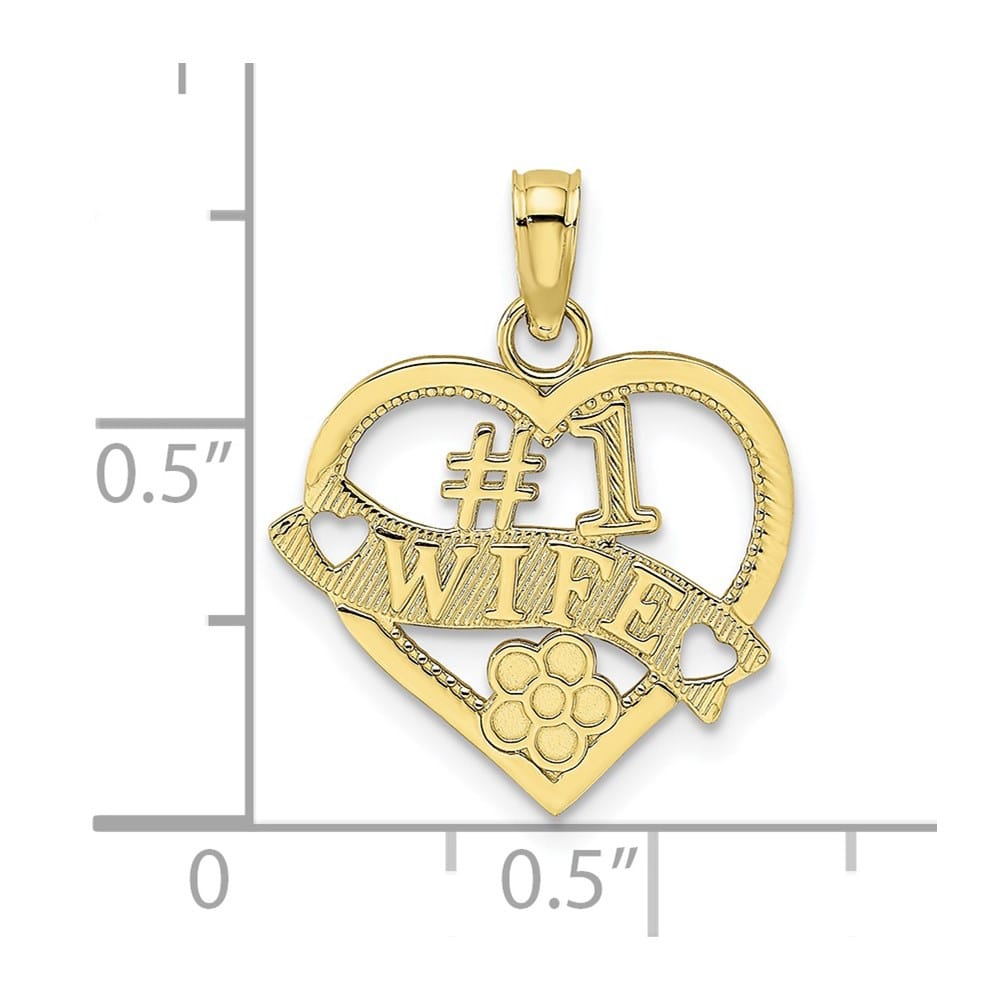 10K Yellow Gold Solid Polished Medium #1 Wife Heart Pendant